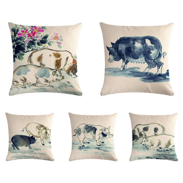 

китайский стиль подушки для дома диван автомобиля чернил сиденья картина pig прекрасный шаблон красивые печати красочные изображения наволоч
