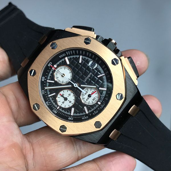 

black big luxury royal oak offshore diver 42mm quartz movement 15703 series rubber belt mens black dial sports glass back watches, Slivery;brown