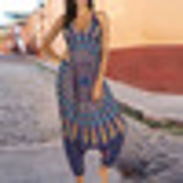 

summer polyester irregular loose wide leg overalls ladies halter sling print bib pants, Black;white