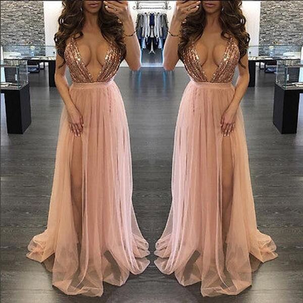 

women v neck sequins bridesmaid formal gown ball party prom long maxi dress clubwear, Black;pink