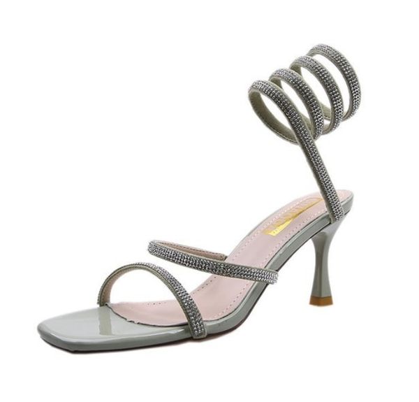 

designer women sandals stiletto heel buckle rhinestone summer high heels shoes party sandalias femininas fashion wrapped roman shoes, Black
