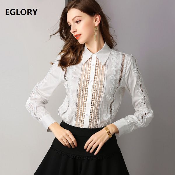 

100%cotton blouse shirt 2019 spring fashion shirt women turn-down collar hollow out embroidery long sleeve blusas, White