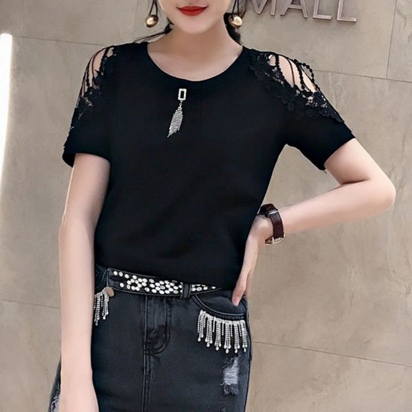 

korean o-neck hollow out embroidery tshirt women 2020 summer new short sleeve pullover t-shirt camiseta mujer black white t96206
