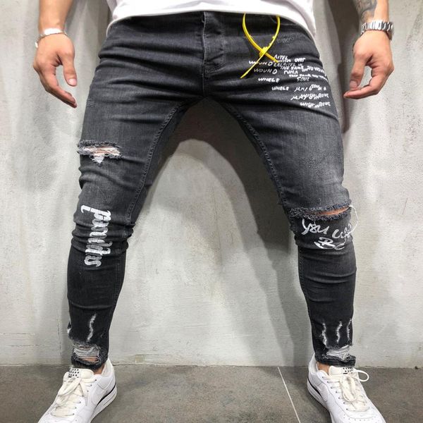 

new 2019 hip-hop men's printed letter hole jeans fashion jeans, Blue