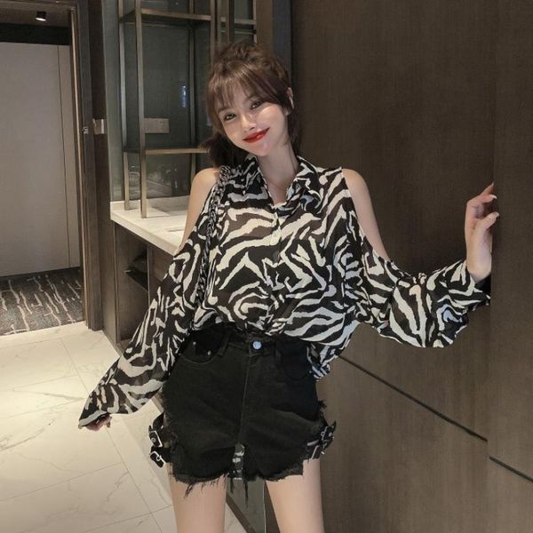 

западный стиль модный костюм женский 2020 летний leopard шифон рубашка сердце машины -плеча рубашка высокой талией джинсовые шорты, White;black