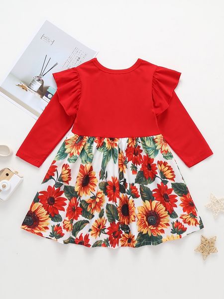 

baby toddler girls autumn clothes long sleeve casual dress 1-5 years old kid sunflower printed princess dress, Red;yellow