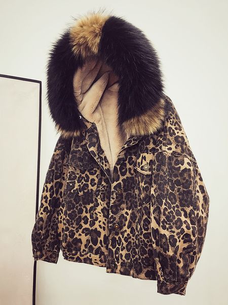 

mumuzi faux sheepskin and denim patchwork coats in winter fashion leopard warm fleece warm parkas big fur hooded thermal coats, Black