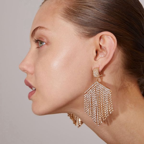 

long tassel hanging earrings luxury gold geometric rhinestone earrings women's wedding party jewelry, Golden;silver