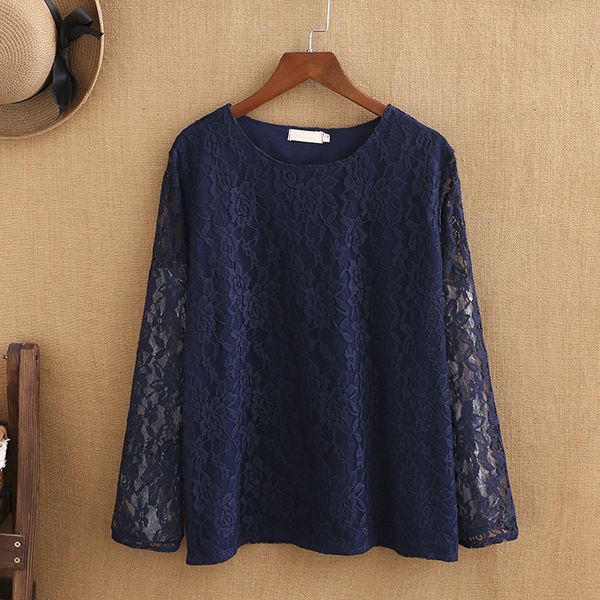 

2019 spring new style large size lace long-sleeved lace shirt female fashion temperament round neck chiffon large size fat mm, White