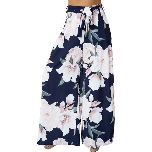 

women trousers girl floral print wide leg pants women long casual pant polyester summer boho beach elastic high waist chiffon trousers, Black;white