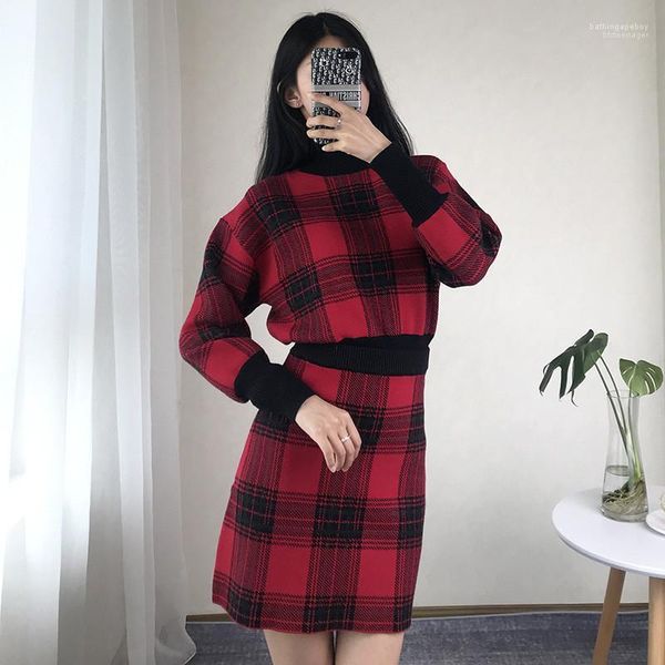 

fashion vintage long sleeve short skirt womens 2pcs sweater dresses females clothing plaid print womens designer 2pcs dresses, White