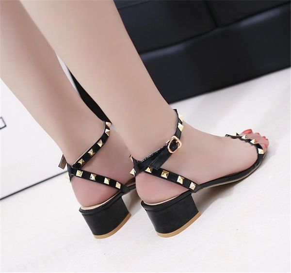 

fashion luxury designer women shoes riveted sandals middle and thick heel casual large size student single designer quality 11, Black