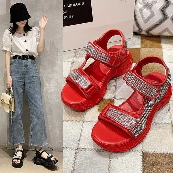 

sandals shine crystal hook&loop mesh open toe muffins women creepers roman sandalias hollow-out height increasing shoes, Black