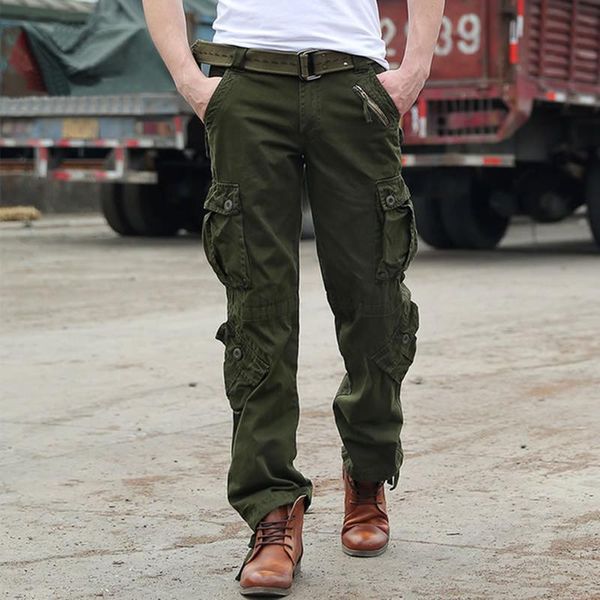 

man army camouflage cargo pants plus size multi-pocket overalls casual baggy camouflage pantalones men work trousers, Black