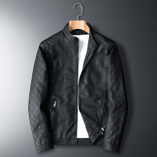 

brand mens pu leather jacket autumn winter coat leather jacket male plus velvet fashion soild motorcycle man outerwear, Black