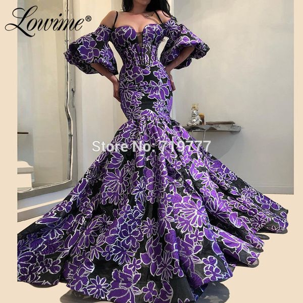 

purple floral pattern mermaid evening dress celebrity red carpet party dresses 2019 abendkleider dubai kaftans muslim prom gowns, White;black