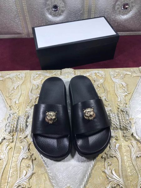 

outdoor hiking metal tiger head moccasins flat slippers men sandals summer male casual beach lawn leather shoes slides, Black