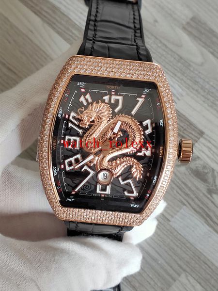 

vanguard v 45 sc dt yachting dragon totem date dial miyota automatic mens watch rose gold diamond bezel leather strap watches, Slivery;brown