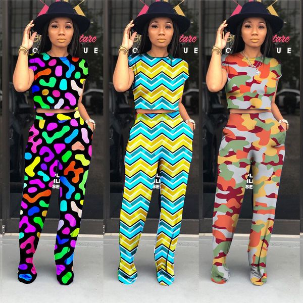 

2019new women summer wave striped camouflage printed o-neck t-shirt straight pants suit two piece set tracksuit outfit a6194, White