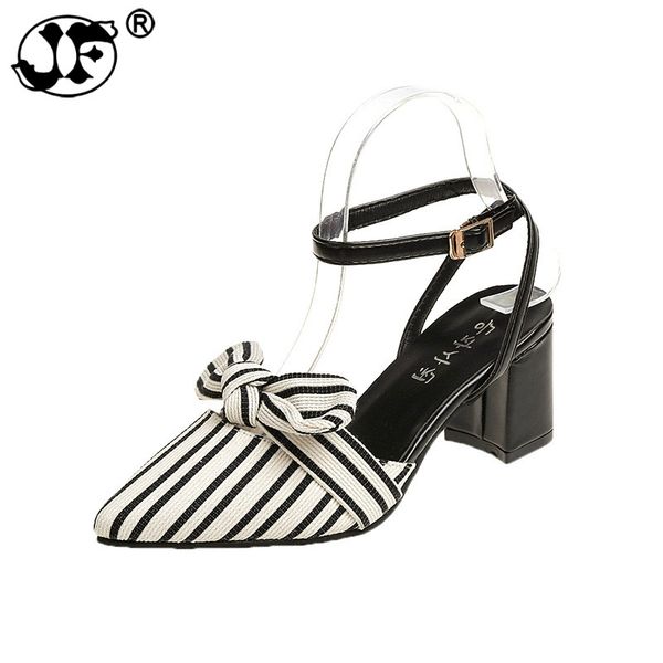 

summer sandal heels women pointed toe party shoes stripe british style middle hoof heels bow tie sandals jki9, Black