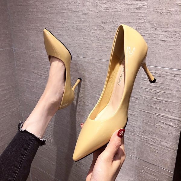 

women 's office shoes fashion patent leather yellow high heels ladies pointed toe nude pumps stilettos mujer, Black