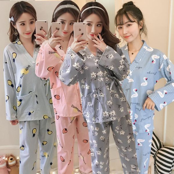 

2019 new spring autumn kimono pajama sets for women long sleeve cotton print sleepwear pyjama homewear pijama mujer home clothes, Blue;gray