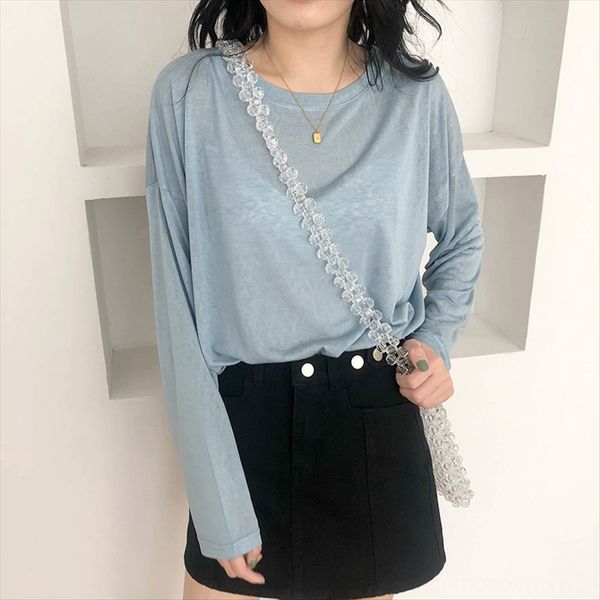 

homemade round collar perspective female 2020 summer loose 9131 homemade round collar perspective sunscreen t-shirt t-shirt female 2020, White