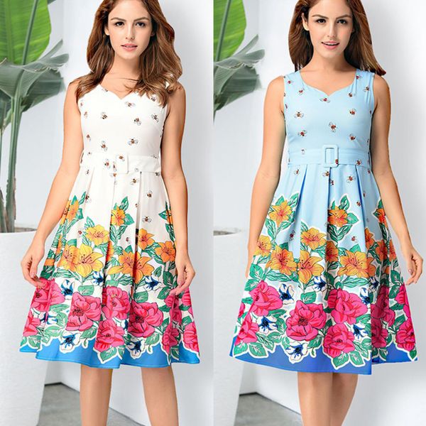 

new summer print sleeveless casual dress in europe and america in 2019, Black;gray