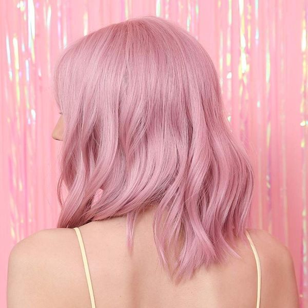 Pink Wigs With Air Bangs Short Synthetic Hair Shoulder Length