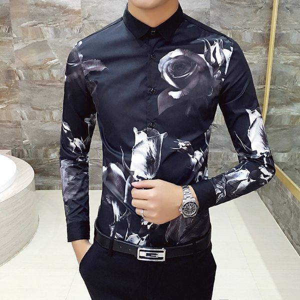 

men's dress shirts personality fashion printed shirt, casual long-sleeved tight 3d shirt men black white 4xl, White;black