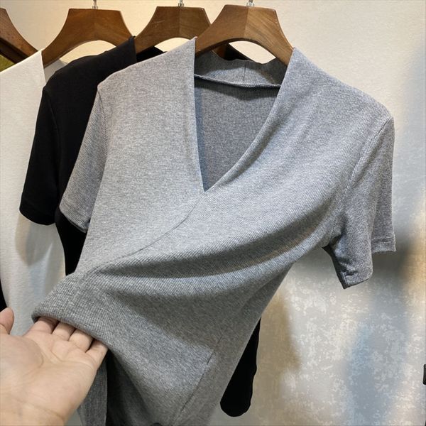 

european style design clothes summer women's heart machine v-neck cross slim short-sleeved t-shirt western clothing style, White