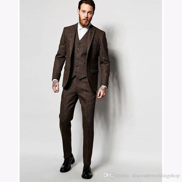 Slim Fit Marrone Spessore Acciaio Tweed Lino Uomo Lavoro Completo da uomo Smoking da sposa Blazer Party Coat Set (Giacca + Pantaloni + Gilet + Cravatta) J712