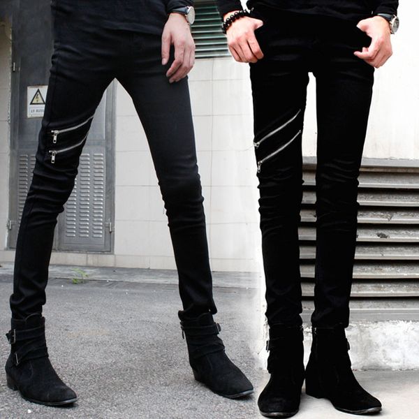 

male black diagonal zipper slim jeans korean version of the stretch pencil pants men's feet pants, Blue