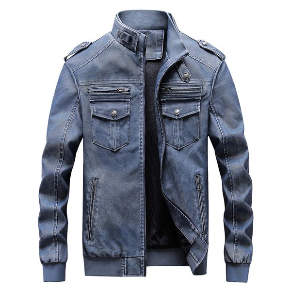 

2020 men new jacket do old washed leather skin youth favors more pockets and locomotive leather coat, Black
