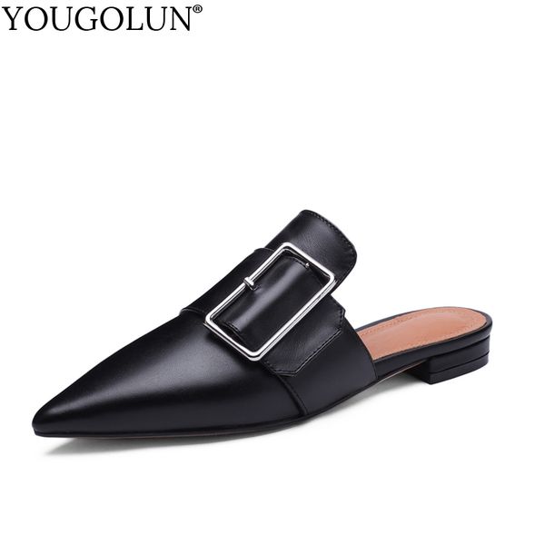 

outdoor slippers women spring genuine cow leather fashion ladies low heels c241 casual woman beige black metal decoration slides