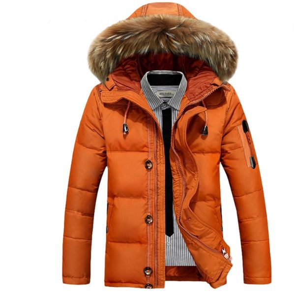 

male warm down coats male casual white duck outerwear winter big fake fur hooded fashion solid duck down jackets, Black