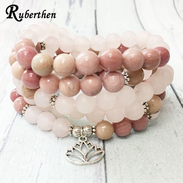 

ruberthen matte rose quart z 108 mala bracelet rhodonite lotus charm necklace trendy fashion yoga balance bracelet for women, Black