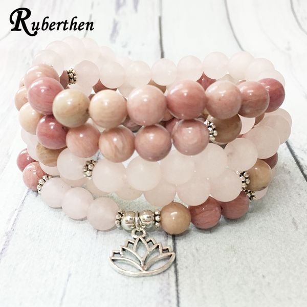 

ruberthen matte rose quart z 108 mala bracelet rhodonite lotus charm necklace trendy fashion yoga balance bracelet for women, Black