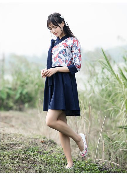 

female spring printing han chinese clothing fairy chinese style dress lolita, Black;red
