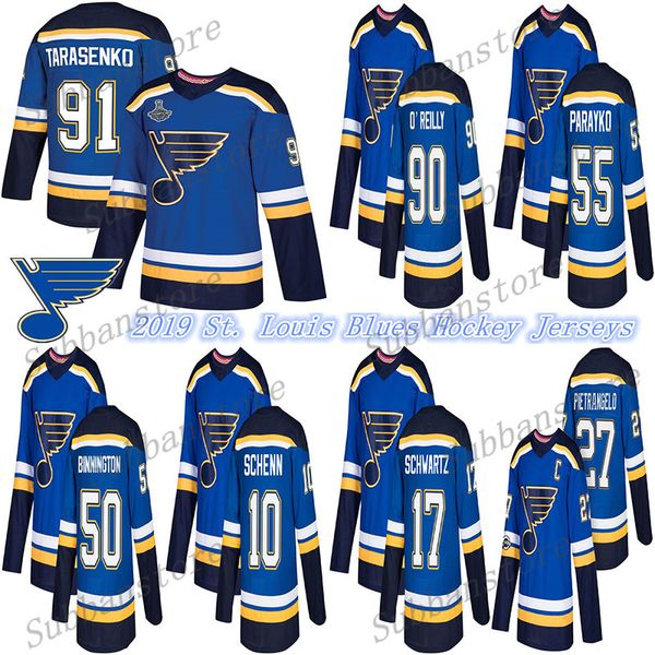 

2019 stanley cup champions final st. louis blue 90 ryan o'reilly 91 vladimir 50 binnington 10 brayden schenn hockey jersey, Black;red
