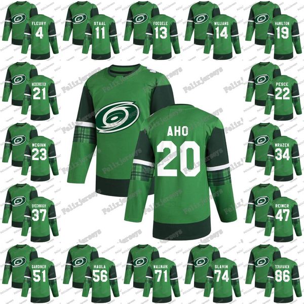 

20 sebastian aho green 2020 st. patrick's day carolina hurricanes 37 andrei svechnikov dougie hamilton justin williams warren foegele j, Black;red