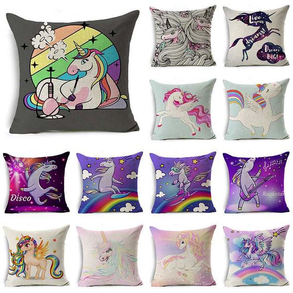 

wzh unicorn pony cushion cover 45x45cm linen decorative pillow cover sofa bed pillow case