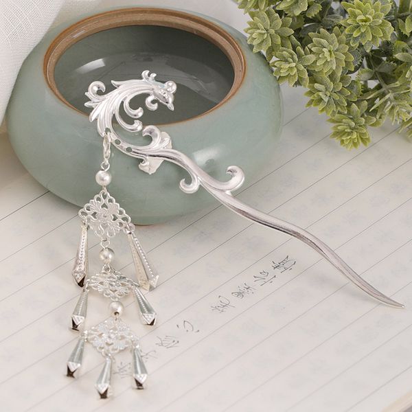 

forseven new retro chinese style phoenix shape long tassel pendant hairpins clips women girls hanfu dress hair fork sticks, Golden;white