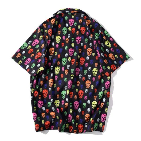 

men fashion hip streetwear 3d skull sleeve luxury shirts floral casual short hop full printed shirts summer hawaiian beach 2021 voxgl, Black