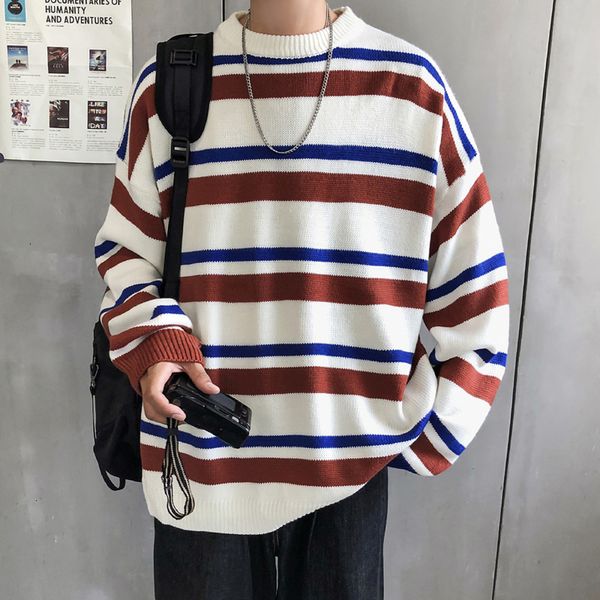 

winter striped sweater men warm fashion contrast color casual knit pullover men loose knitting sweaters male sweter clothes, White;black