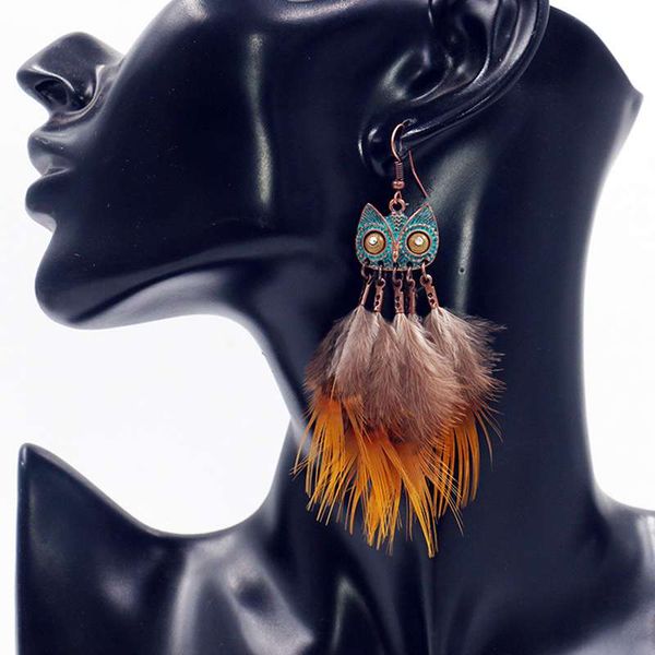 Bronzene Feder-Eulen-Ohrringe für Damen, elegantes Temperament, wilde Mode-Ohrringe