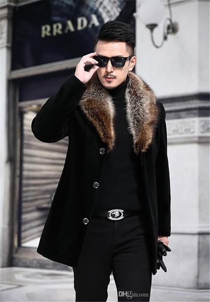 

men designer winter coats thick men long sleeve lapel neck single breasted mens blends casual male outerwear, Black