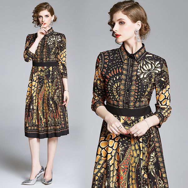 

new 2020 luxury designer runway women casual office dress vintage print elegant ladies shirt party dresses button long sleeve spring summer, Black;pink