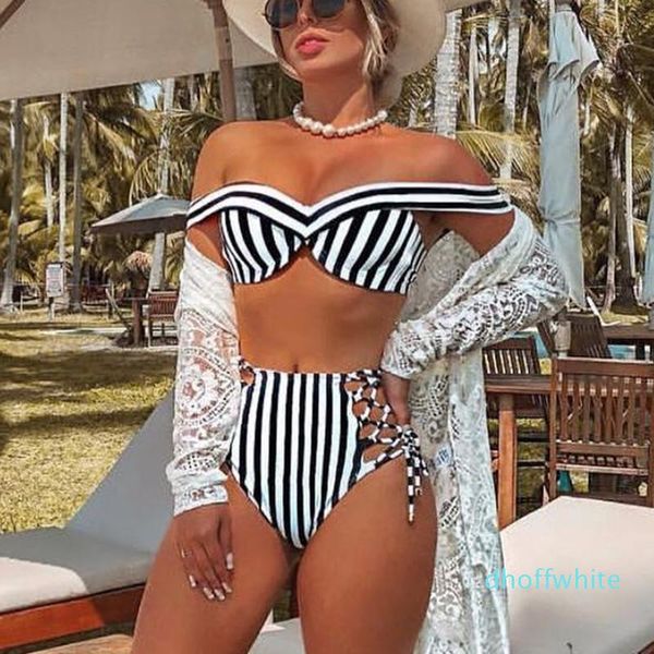 

off shoulder striped high waist bikini swimsuit women v neck swimwear female two pieces bikini set brazilian bathing suit ri 08, White;black