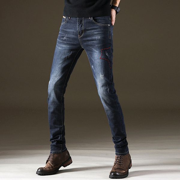 

2019 autumn new style men's jeans trend slim fit cat whisker skinny stretch pants teenager washing trousers men's, Blue